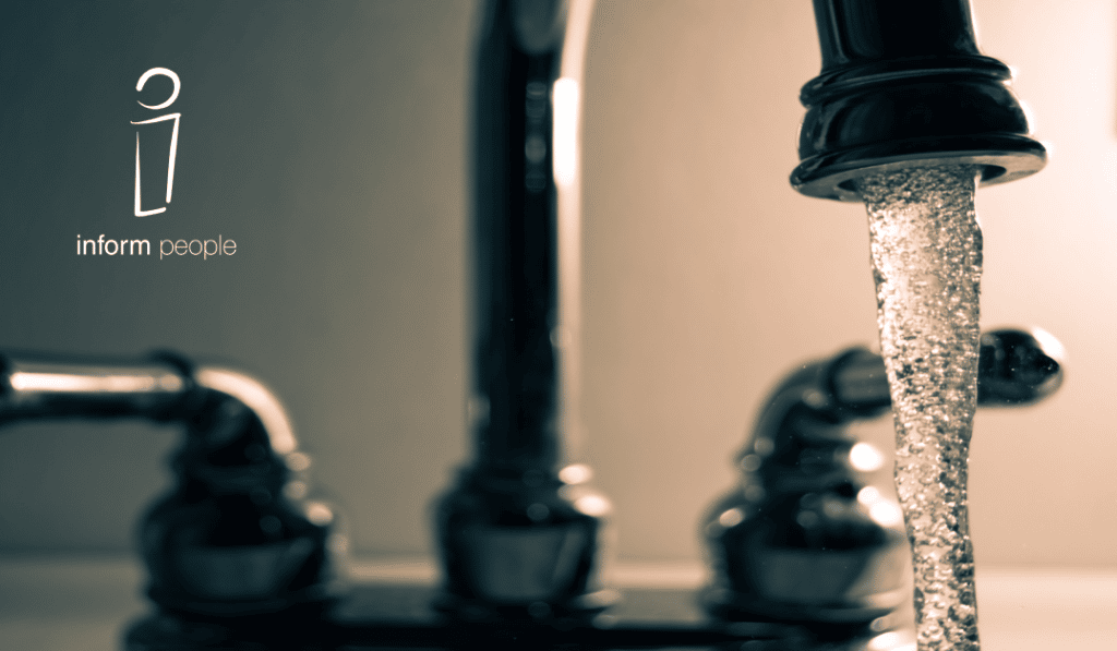 running tap with water flowing clear with inform people logo superimposed on the left