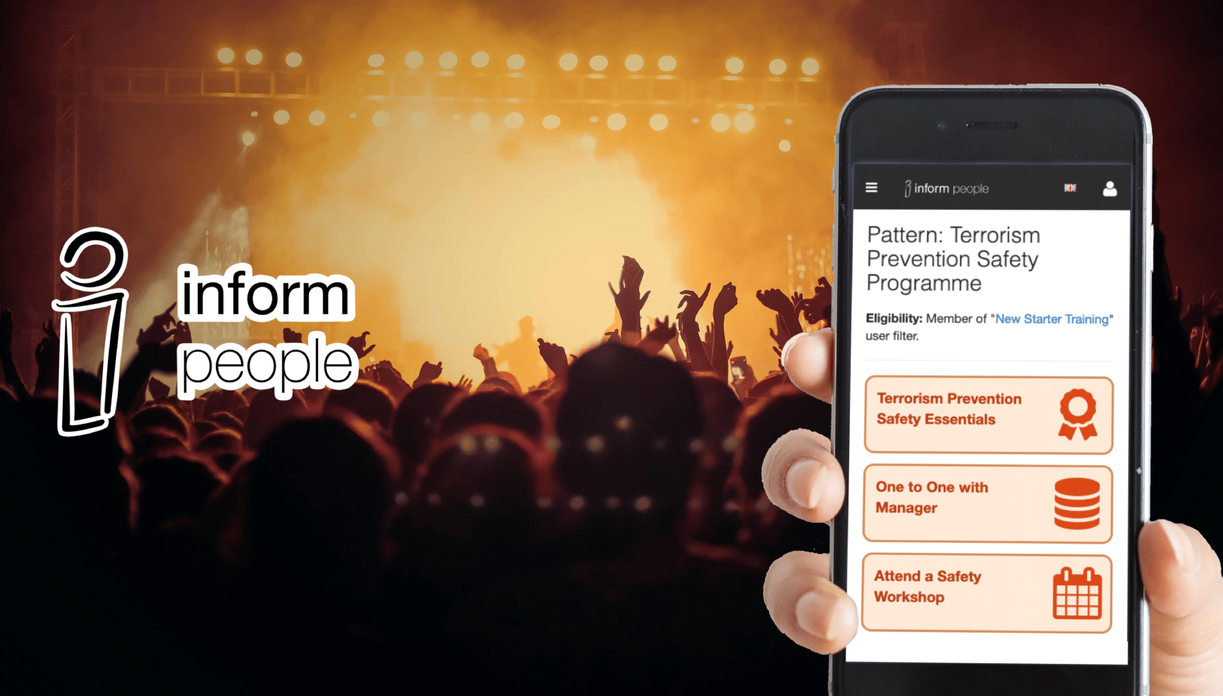 bright stage in distance with silhouettes of crowd in front. Inform People company logo and phone held in hand showing Inform People platform