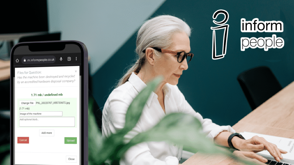 on the left of the image is a phone screen showing the virtual pa and an audit question prompting evidence upload, on the right is a grey haired white woman wearing glasses working at a desk