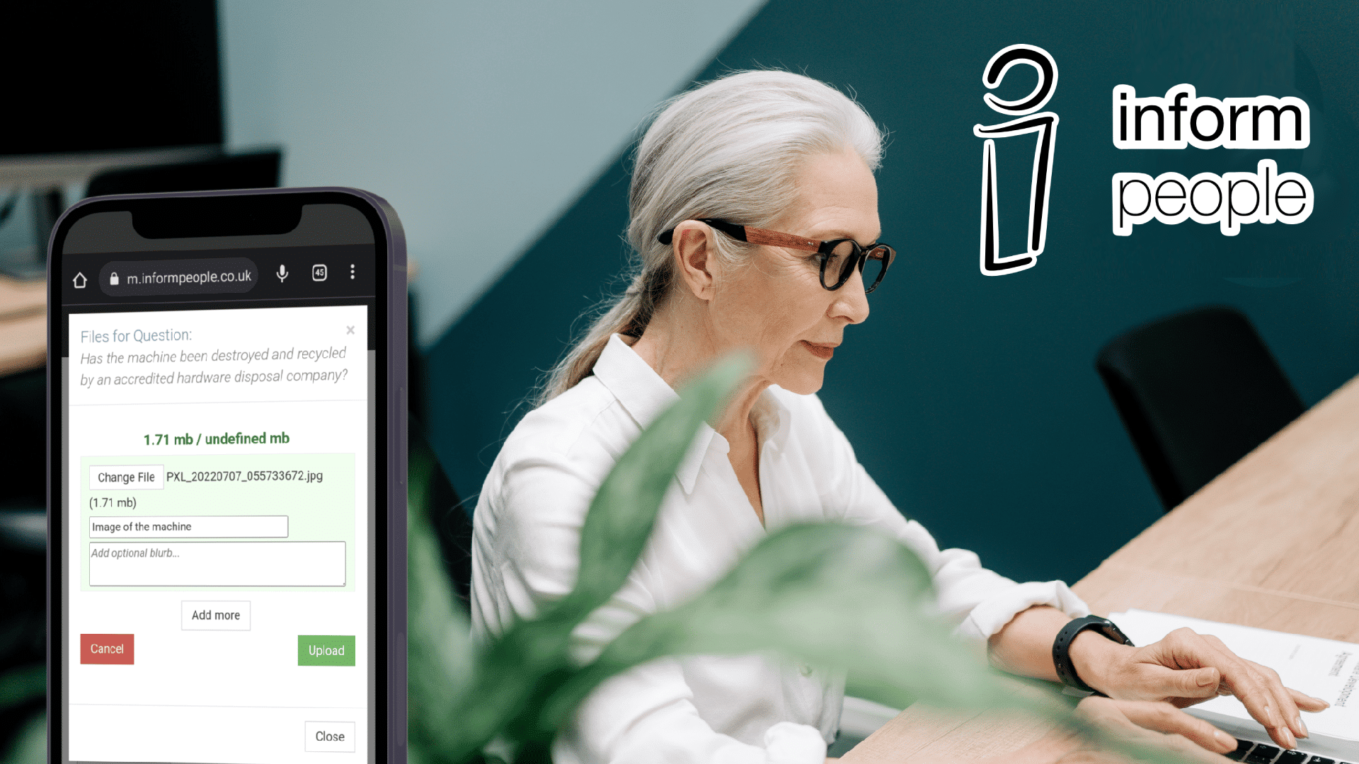 on the left of the image is a phone screen showing the virtual pa and an audit question prompting evidence upload, on the right is a grey haired white woman wearing glasses working at a desk